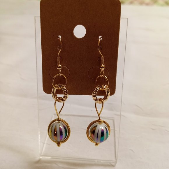 Steel Handmade Hand Crafted Beaded Rainbow Stripe Dangle Earrings #53 - Picture 11 of 11